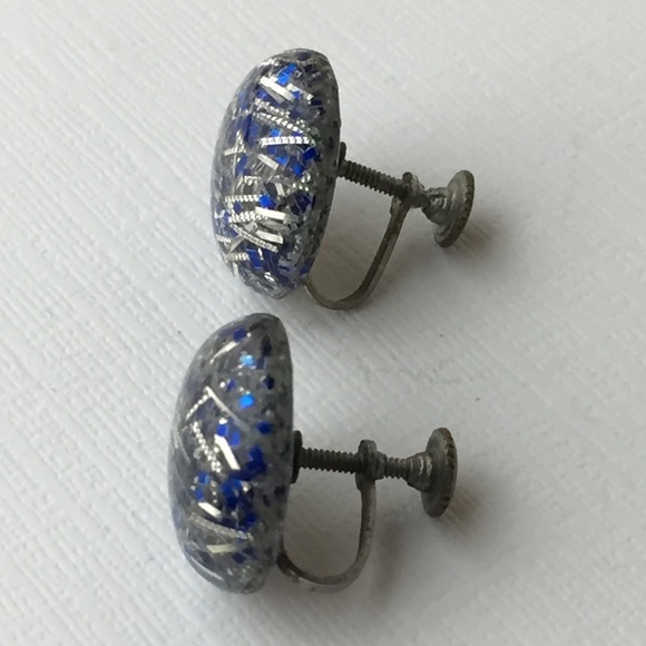 Vintage Confetti Lucite Blue & Silver Earrings - Picture 2 of 7